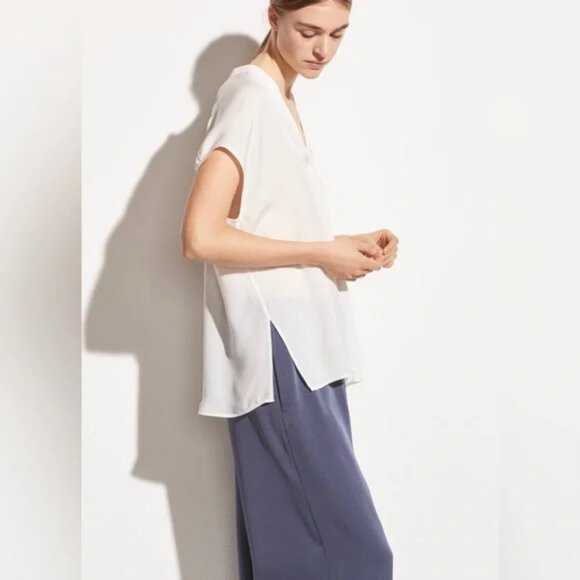 Vince Silk Georgette Double V-Neck Blouse White XL - Picture 3 of 9